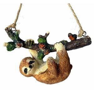 Sloth Christmas Ornament Branch w/ Cardinal Berries Ceramic Jungle Animal